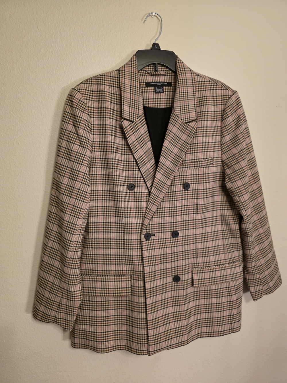 French Connection Pink and Black Plaid Double-Breasted Blazer